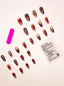 24pcs/Set Y2K Vintage Cat Eye Leopard Print French Luxury 3D Stereo Cross Gilded Ripple Gold Faux Pearl Decor Almond Shaped Press-On Nails, Includes Jelly Gel And Nail File, Suitable For Girls/Women For Daily Wear, Outdoor Activities, Carnival Parties In Autumn/Winter Nail Supplies - Multicolor - View 3