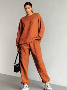 New Year Women's New Year Knitted Sports Set (Two-Piece Set - Suitable For Autumn And Winter), Orange Women's Autumn And Winter Set, Loose, Long Sleeve Round Neck Top And Pocket Jogging Wear, Solid Color, Autumn And Winter Set, Casual Outdoor Sports Wear, Multi Functional All Age Leisure Wear | Knitted Fabric | Women's Minimalist Sports Wear, Women's Sports Wear Set - Orange - View 3
