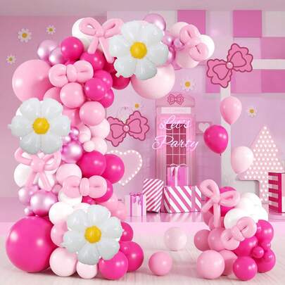 139 个粉色卡通猫气球，可组成拱形套装，亮粉色和白色长气球，搭配 16 英寸花朵铝箔气球，适合猫主题生日派对、婴儿派对、性别揭晓活动、单身派对、周年纪念派对和装饰。