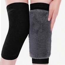 1 Pair Outdoor Winter Rabbit Fur Knee Warmers, Thermal Knee Pads, Sports Knee Protector With Thermal Lining - Black - View 2