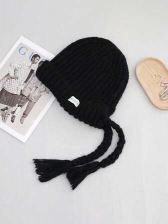 1pc Autumn/Winter Warm New Arrival Braided Knit Beanie Hat, Unisex Earflap Ski Trapper Hat, Solid Color Versatile Large Head Circumference Knitted Knit Cap