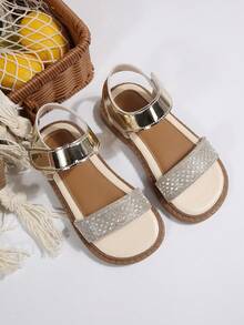 Girls' Shiny Glitter Strap Open Toe Flat Sandals, Non-Slip Sweet Style, Gold PU With Sequins, Fashion Princess Design For Summer, Beach, Travel, Daily Wear - Gold - View 2