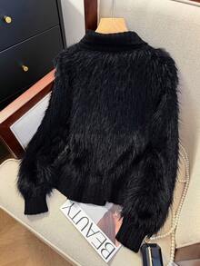 JIANHU Korean Style Fuzzy Knit Cardigan – Fall Winter Soft Faux Fur Sweater With Scalloped Trim And Pearl-Like Buttons, Cozy High Neck Jacket For Daily Looks - Black - View 5
