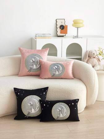 1pc Ramadan Moon & Lady 3D Embroidery Plush Throw Pillow Cover, Suitable For Living Room, Bedroom, Party, Car And Various Environments, All Season