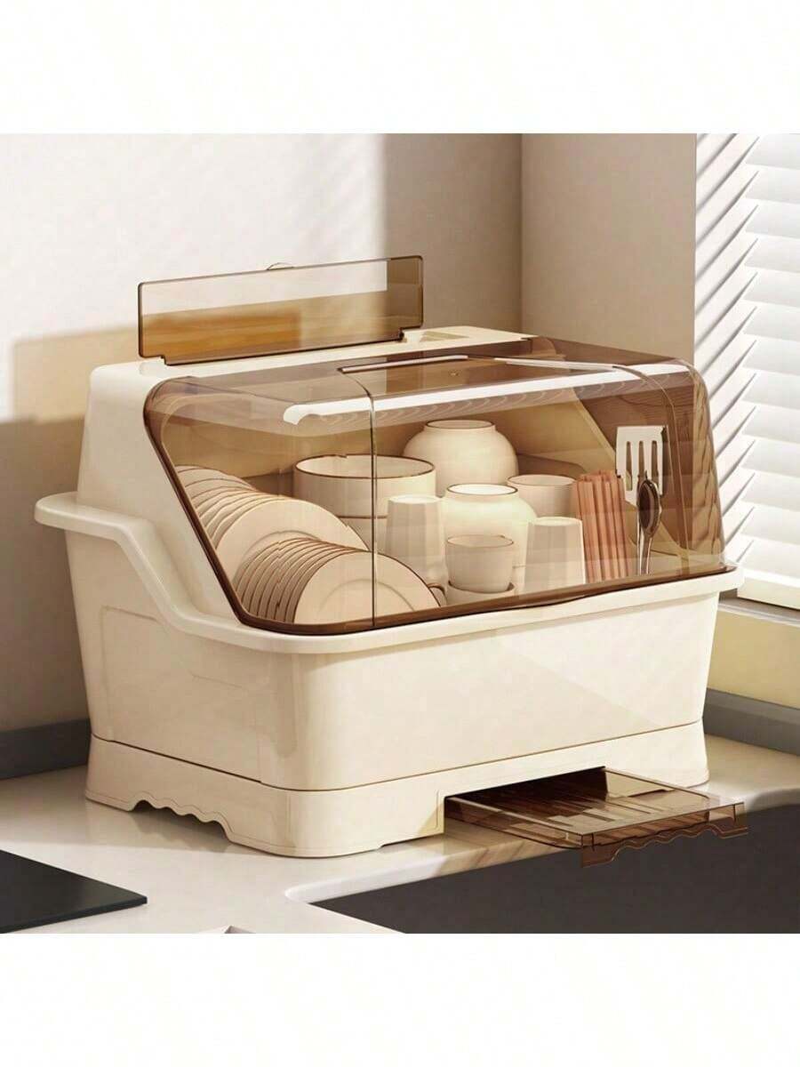 带盖厨房沥水架柜，碗碟架盒，适用于盘子、碗碟、餐具，家用餐具收纳架，碗碟晾干架柜 - 彩色 - 查看 1