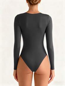 XLLAIS Bộ đồ liền thân dài tay cổ chữ V ôm sát gợi cảm mới mùa thu 2025 dành cho nữ, kiểu dáng cơ bản, màu xám, thích hợp mặc hàng ngày, thanh lịch. - Màu xám đen - Xem 7