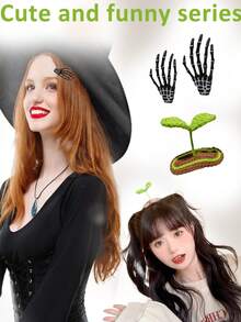 3pcs 2 Black Hand Bone Hair Clips And 1 Smart Grass Hair Clip Hand Bones, Funny Hair Clips, Halloween Decorations, Ghost Claws, Skeleton Hand Claws, Fluorescent Hair Clips Original Dark Halloween Skull Jewelry Big Claw Hair Clip Horror Cosplay, Hair Slide, Hair Barrettes - Multicolor - View 4