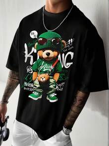 ONE WAVE 男士休闲百搭简约街头风熊元素印花短袖T恤 - 黑色 - 查看 2