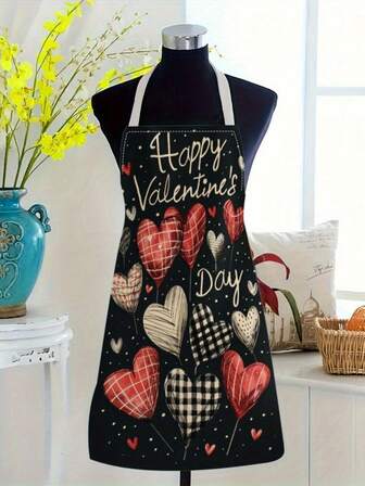 1pc Happy Valentine's Day Heart Balloons Print Sleeveless Linen Apron, Home Kitchen Baking Apron, Cooking Baking Kitchen Workwear, Unisex, Holiday Party Gift, Valentine's Day Gift