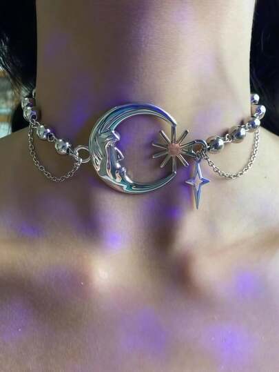 New Y2K Retro Hip-Hop Punk Sun Crescent Necklace Hot Girl Style Foreign Trade Hot-Selling Fashion Accessories