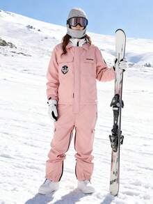 1件中性款連身式滑雪服，工裝風，寬鬆落肩設計，側開衩下擺，粉色運動風 - 粉色 - 查看 11