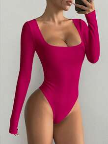 imisic A Sexy Long Sleeve Square Neck Jumpsuit For Spring/Summer, With Deep Square Neck Design, Basic Tight-Fitting Piece Essential For Indoor & Outdoor Wear, Excellent Shaping Effect. This Tight-Fitting Deep V Square Neck Long Sleeve Jumpsuit Is Suitable For Sports, Home Wear And Daily Activities. - Hot Pink - View 5