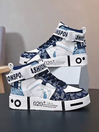 2026春秋青少年休闲高帮运动鞋，厚底增高学生休闲鞋，夏季防滑透气个性时尚男士滑板鞋，柔软舒适，黑蓝配色，适合日常穿着和户外徒步（鞋面有不规则涂鸦图案和不均匀的人工涂漆，属正常现象）