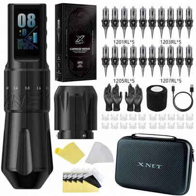 1 pieza XNET Thunder370 Pluma de tatuaje inalámbrica, ajustes ajustables, batería recargable de 1600mAh, pantalla a color, punta de 2-4.2mm - Diseño elegante en negro, ideal para artistas y principiantes, esencial para artistas