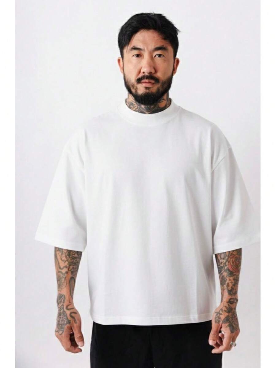 Premium High Neck Over Boxy T-Shirt - Blanco - Ver 1