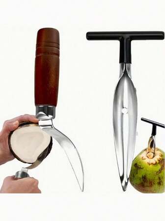 2/1 pieza Juego de herramientas de acero inoxidable para abrir cocos - Removedor de carne de coco, cuchillo raspador, herramienta de perforación | Mango de madera antideslizante, apto para alimentos, fácil de usar, extracción de carne de coco | Diseño ergonómico | Construcción, apertura de cocos