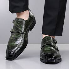 Men's Faux Leather Crocodile Embossed Monk Strap Dress Shoes – Dual Buckle Closure Polished Finish Pointed Toe Non-Slip Rubber Sole Lightweight Durable Formal Footwear | Ideal For Office, Weddings & Formal Occasions - 綠色 - 查看 5