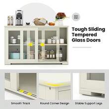 2-Door Buffet Sideboard Floor Cupboard With Sliding Tempered Glass Cabinet And Adjustable Shelf Stackable Storage Cabinet For Kitchen Dining Room Living Room Entryway - CreamWhite - View 6