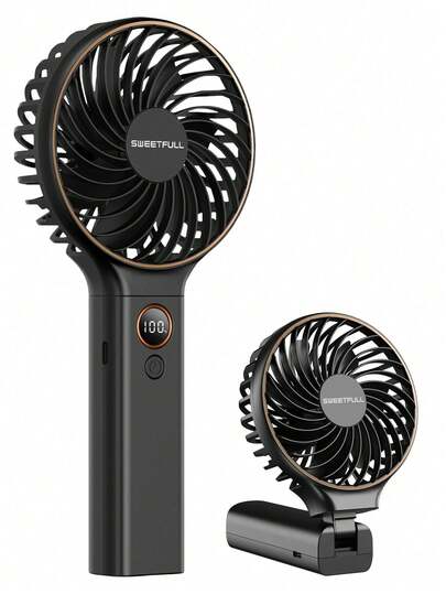 1个便携式手持风扇，带LED显示屏，三合一多功能旅行风扇，90°可折叠桌面风扇，6档风速，适用于化妆/办公/旅行