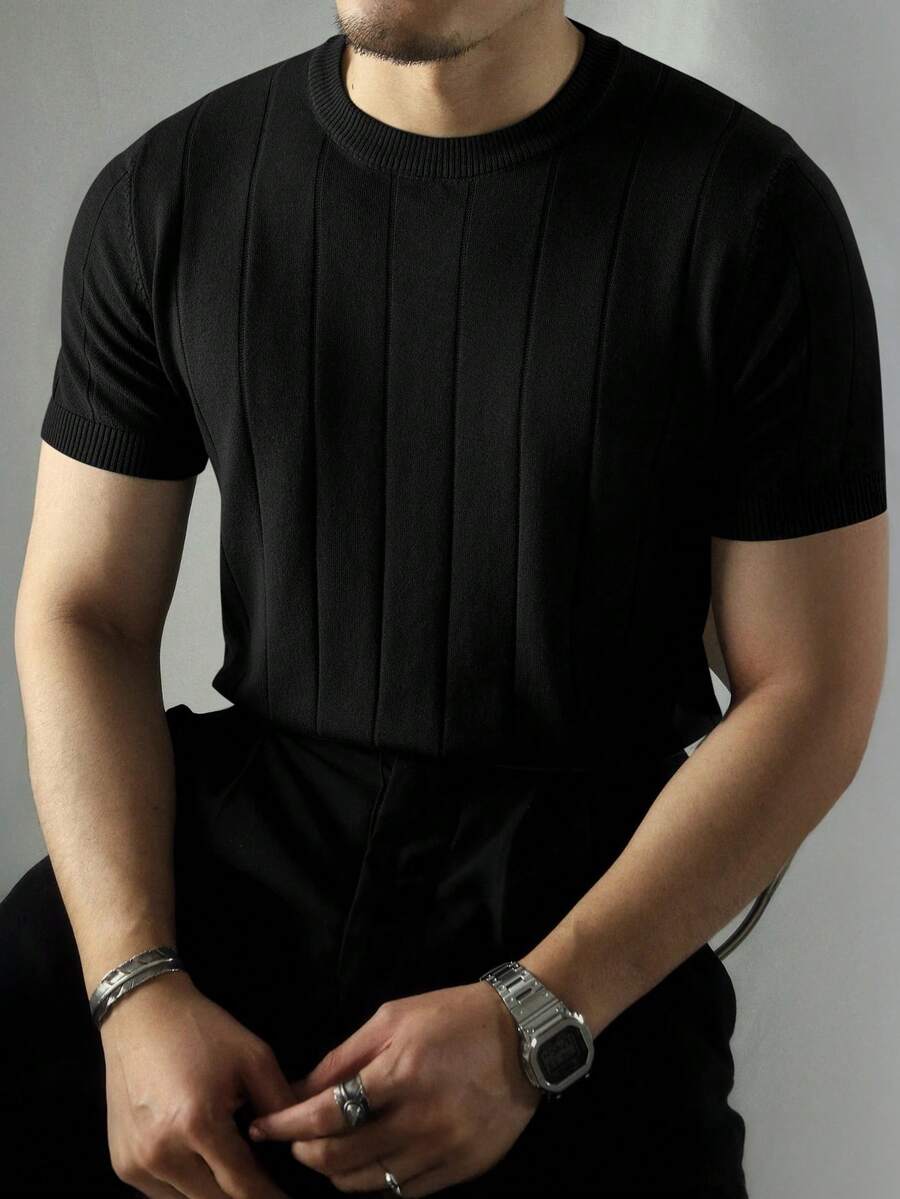 男士百搭短袖休闲针织上衣 - 黑色 - 查看 1