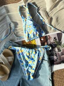 New Arrival Women's Casual Cute Ditsy Floral Tie-Front Bikini Swimsuit 2-Piece Set - Multicolor - View 2