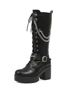 Women's Y2K Goth Platform Knee High Boots Chunky High Heels Buckle Chain Side Zipper Lace Up Black Fashion Punk Cosplay Combat Boots - màu đen - Xem 8