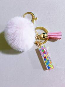 1 件字母首字母钥匙扣可爱毛绒绒球钥匙链环包背包饰品汽车挂件女士女孩礼物，可爱亮片树脂钥匙扣，钱包和手提包配件，带流苏的钥匙扣，字母首字母 A-Y 学校 - 粉色 - 查看 16