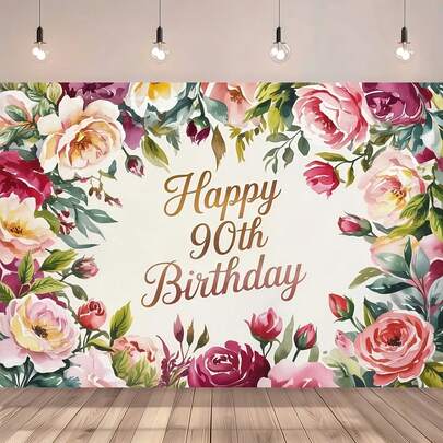 A Joyful 90th Birthday Backdrop Featuring Pink Roses, Red Flowers, And Green Leaves Design, Suitable For Indoor And Outdoor Parties, Events, Photo Studio Props, Birthday Party Decorations, Cake Table Decorations, And Anniversary Celebrations. Available In 2D Flat Format With Multiple Sizes. Birthday Party Decoration Supplies.