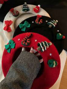 1pc Women's Handmade Cute Christmas Decorative Artist Beret Hat, Thick & Warm For Autumn/Winter, Christmas Decoration, Suitable For Christmas Gift, Carnival Party, Daily Wear