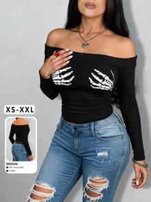 Cropped Off-Shoulder Top With Ghost Claw Print, Suitable For Autumn Fashion, Halloween And Women's Fall Outfits - Black - View 4