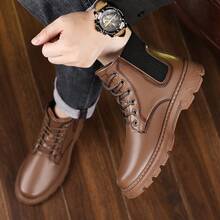 [Special Offer] Men's Faux Leather Mid-Top Combat Boots - Lace-Up Design, Elastic Side Panel & Chunky Lug Sole, Durable Casual Footwear For Daily Wear, Outdoor & Fall/Winter Seasons - 棕色 - 查看 7