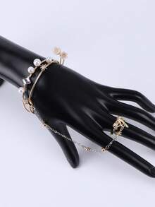 1件双层仿珍珠海星女士手镯，时尚个性化星空百合花手链戒指套装 - 金色 - 查看 3