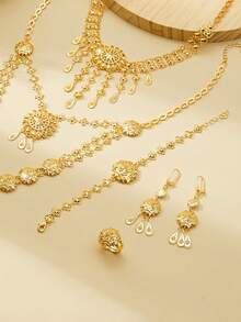 Bộ trang sức cổ điển sang trọng thời trang cao cấp Mgyi bằng đồng màu vàng dành cho nữ, vòng cổ, hoa tai, vòng tay, nhẫn thiết kế vuông sang trọng thanh lịch mạ vàng 18K dành cho nữ, phù hợp với Nigeria, Dubai, Trung Đông, Ả Rập Xê Út, trang phục cưới, trang phục hàng ngày, quà kỷ niệm ngày cưới, quà Halloween cho bạn bè - XWJT-005 - Xem 4