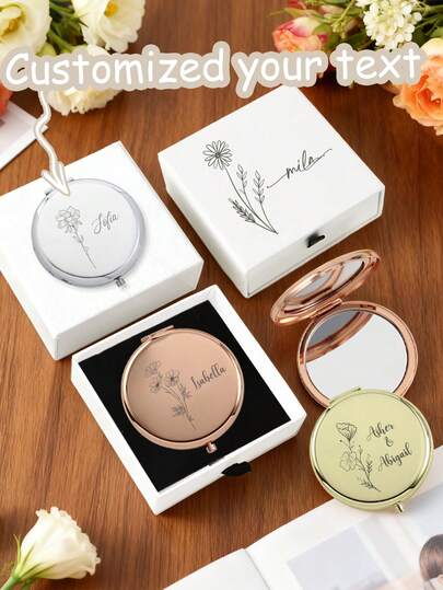 1 pezzo Specchio piccolo personalizzato e raffinato, specchio floreale personalizzato per compleanno, regalo con nome personalizzato, specchio compatto di lusso per il trucco progettato appositamente per damigelle, design floreale personalizzato, specchio compatto per il trucco inciso