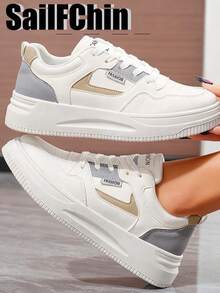 1 Pair Of Women's Casual Lightweight White Sneakers. Fashionable Student Shoes, Suitable For Petite Women, New Style, Breathable Casual Thick-Soled Sports Shoes. - White Ash - View 4