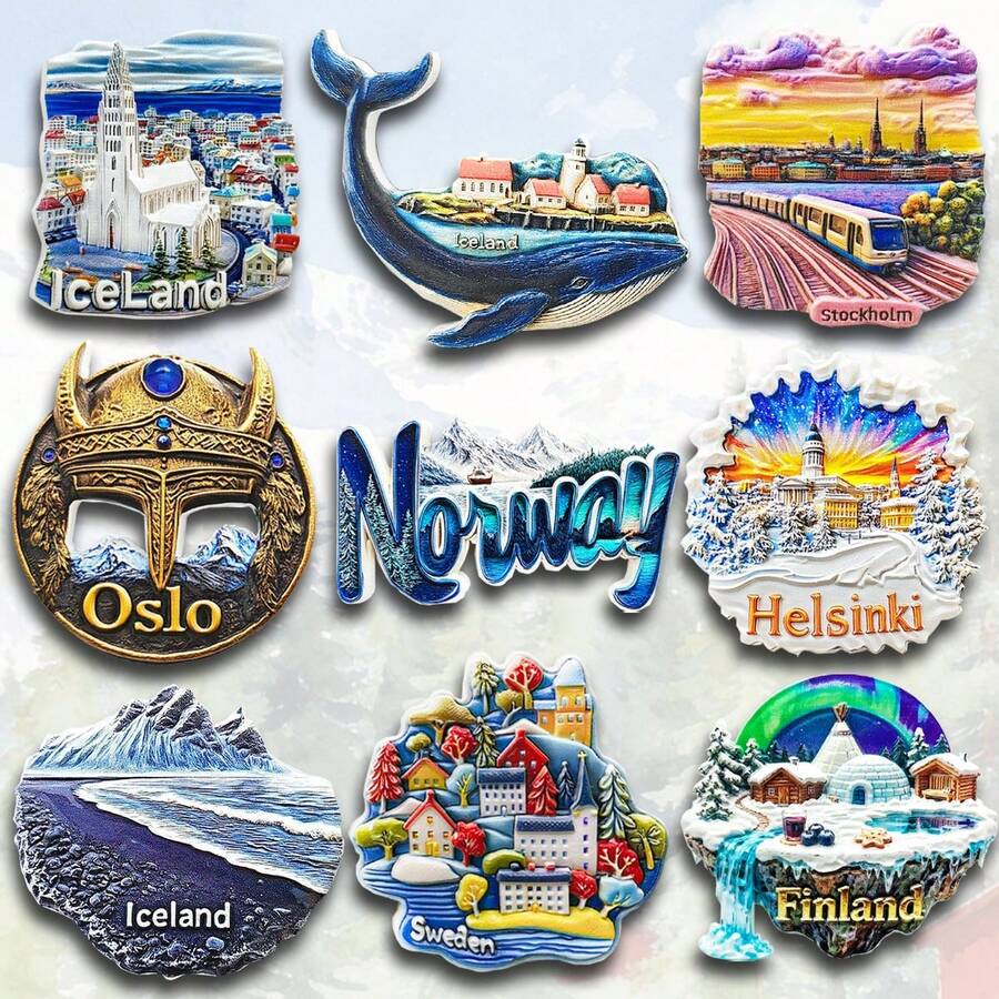 1pc Resin Refrigerator Magnet, Nordic Sweden Iceland Norway Finland Oslo Helsinki Stockholm Aurora Black Sand Beach, Travel Souvenir, Magnetic Home Decor, Office Island Resort Storage Cabinet Bedroom Wall Decoration, Nordic Trip Floating Island Visby Arctic - Multicolor - View 1