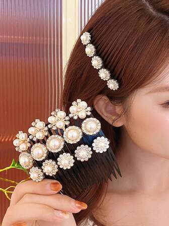 1件钻石圆形珍珠梳子花形精致圆盘发饰发饰头饰母亲节礼物家人爱人通用简约复古方形四季款
