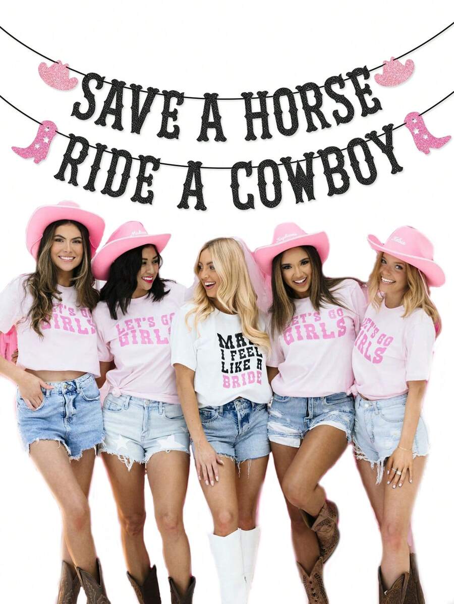 1pc Black & Pink Glitter "Save A Horse Ride A Cowboy" Banner For Western Cowgirl/Last Rodeo Hoedown/Nash Bash Nashville Bachelorette Party Decorations - Multicolor - View 1