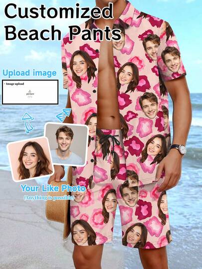 Customized Hawaiian Vacation Shirt And Shorts Set For Men, Personalized With Portrait, For Boyfriend, Friend, Kids' Anniversary, Birthday, Holiday