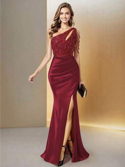  HOMEYEE Höst/Vintermode Sexig Asymmetrisk Axel Ihålig Paljett Patchwork Stretch Satin Elegant Lyxig Formell Aftonklänning, Cocktailpartyklänning, Bröllopsgästklänning För Damer