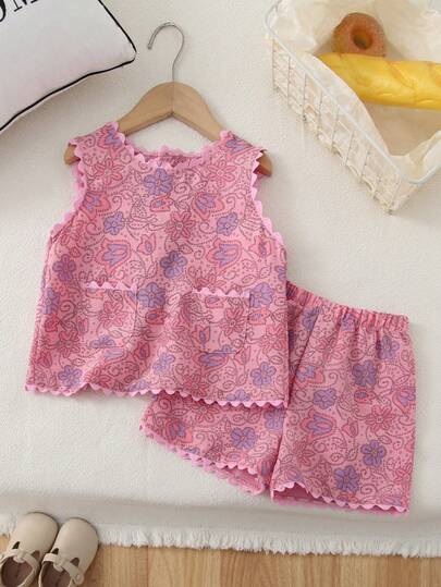 Humor Bear 2pcs Young Girls Floral Embroidery Ruffle Top And Shorts Set, Fashionable Summer Outfit