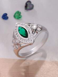 1pc Shiny Cubic Zirconia Horse Eye Shaped Women's Ring, Fashionable Luxury Elegant Classic Minimalist, Ideal Gift For Valentine's Day, Party, Wedding - Green - View 6