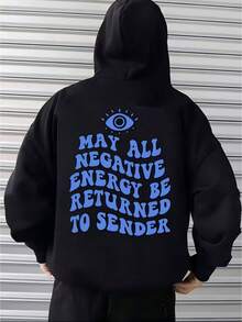 Loose-Fit Long-Sleeve Pullover, Machine-Washable Knitted Pullover, Suitable For Smart Casual And Casual Outfits, Can Be Layered Or Worn Alone, Perfect For Christmas And Halloween, Men's Fashion Hoodie With Letter Design, Hoodie, Men's Hoodie - 黑色 - 查看 1