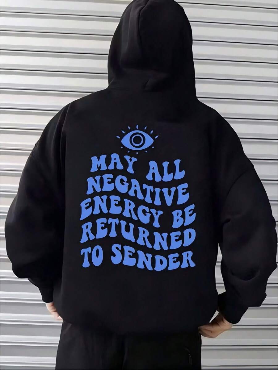 Loose-Fit Long-Sleeve Pullover, Machine-Washable Knitted Pullover, Suitable For Smart Casual And Casual Outfits, Can Be Layered Or Worn Alone, Perfect For Christmas And Halloween, Men's Fashion Hoodie With Letter Design, Hoodie, Men's Hoodie - 黑色 - 查看 1