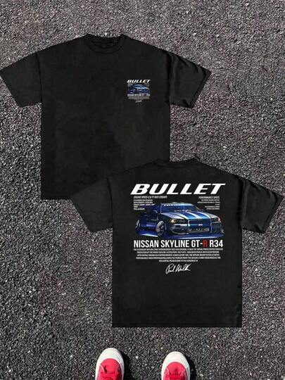 Digitally Printed Nissan Skyline R34 GTR Double-Sided T-Shirt, 220g, Casual Short-Sleeved Crew Neck T-Shirt, 100% Cotton, 1 Piece, Japanese Sports Car Graphic Tee