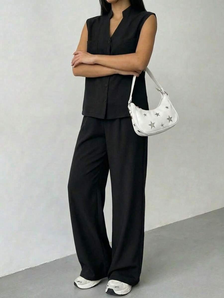 A&DD MODA,REF:Y287 - Women's Solid Color Two-Piece Set, Consisting Of A Sleeveless Vest And Loose-Fitting Trousers, With Upper Body Pockets And Elastic Waistband, Suitable For Daily Outings - 黑色 - 查看 1