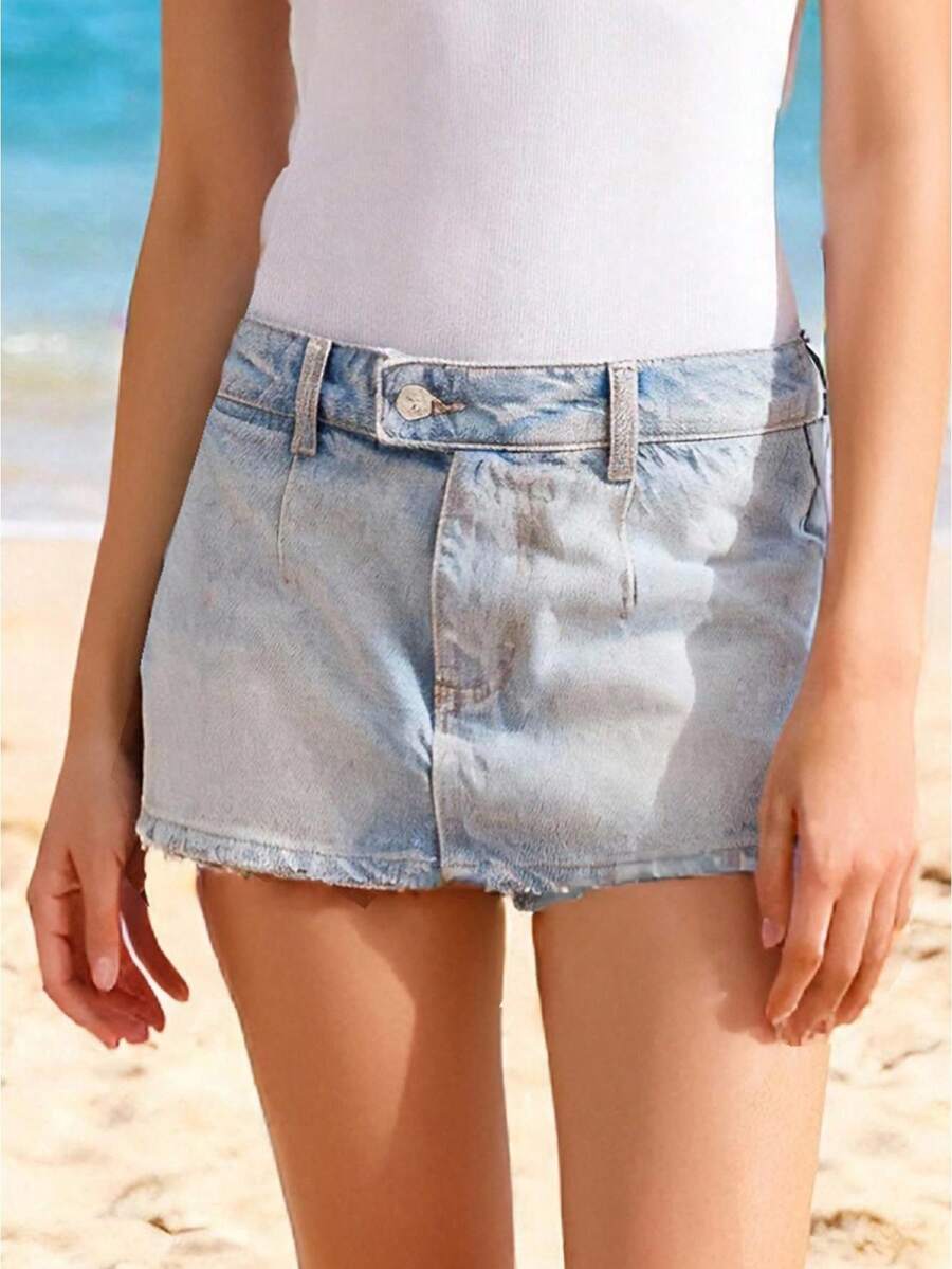 Denim Skirts With Shorts Mini Skort Casual Soft Low Rise A-Line Jean Skirts Casual Outfit Going Out Skirts - 淺藍色 - 查看 1