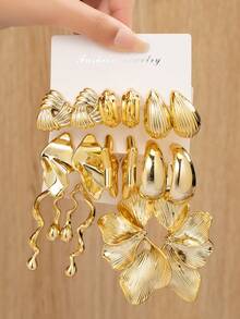 4/6/16pcs Fashion Natural Elements + 3D Mixed Style Set, Including: [Plant + Natural Shape], [Twist + Weave Pattern], [Oval/Teardrop Smooth/Textured Designs]. Overall Material: Plastic + Gold Plated, Suitable For Daily Wear. [Earring Material: Plastic, Please Purchase Carefully If You Have High Material Requirements] - Gold - View 7