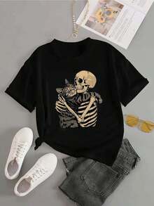 Women's Short-Sleeved T-Shirt, Women's Blouses, Women's Tops, Women's Cotton T-Shirts, Casual Blouses For Ladies With Skull And Cat, Black Blouses. - 黑色 - 查看 4