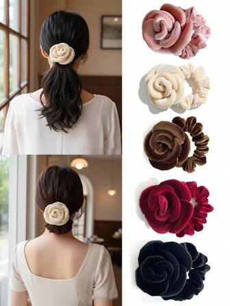 1pc Soft Velvet Rose Flower Hair Scrunchie, Retro Low Ponytail Hair Tie ,Hair Elastics ,Hair Rubber Bands ,Hair Rope ,Elastic Hair Tie